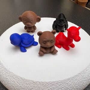 Set of 5 Colorful 3D Printed Animal Figurines - Red, Blue, Brown, Black